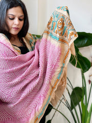 Lite Pink Rai Bandhej Dupatta with Kantha Handwork in Pure Munga Tussar Silk