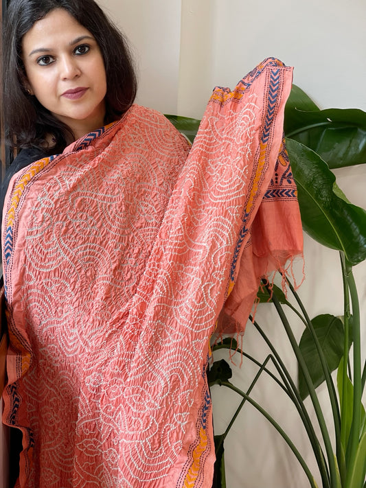 Peach Rai Bandhej Dupatta with Kantha Handwork in Pure Munga Tussar Silk