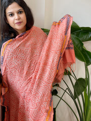 Peach Rai Bandhej Dupatta with Kantha Handwork in Pure Munga Tussar Silk