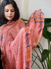 Peach Rai Bandhej Dupatta with Kantha Handwork in Pure Munga Tussar Silk