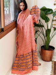Peach Rai Bandhej Dupatta with Kantha Handwork in Pure Munga Tussar Silk