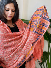 Peach Rai Bandhej Dupatta with Kantha Handwork in Pure Munga Tussar Silk