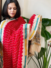 Red Rai Bandhej Dupatta with Kantha Handwork in Pure Munga Tussar Silk