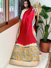 Red Rai Bandhej Dupatta with Kantha Handwork in Pure Munga Tussar Silk