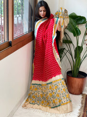Red Rai Bandhej Dupatta with Kantha Handwork in Pure Munga Tussar Silk