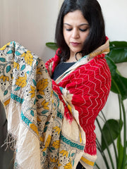 Red Rai Bandhej Dupatta with Kantha Handwork in Pure Munga Tussar Silk