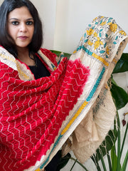 Red Rai Bandhej Dupatta with Kantha Handwork in Pure Munga Tussar Silk