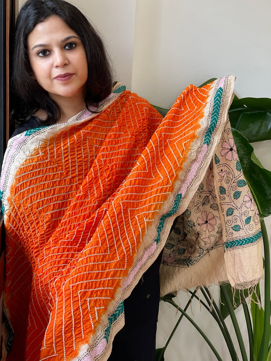 Orange Rai Bandhej Dupatta with Kantha Handwork in Pure Munga Tussar Silk