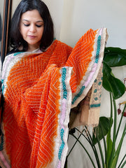 Orange Rai Bandhej Dupatta with Kantha Handwork in Pure Munga Tussar Silk