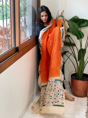 Orange Rai Bandhej Dupatta with Kantha Handwork in Pure Munga Tussar Silk