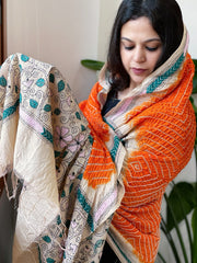 Orange Rai Bandhej Dupatta with Kantha Handwork in Pure Munga Tussar Silk