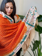 Orange Rai Bandhej Dupatta with Kantha Handwork in Pure Munga Tussar Silk
