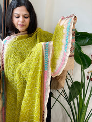 Parrot Green Rai Bandhej Dupatta with Kantha Handwork in Pure Munga Tussar Silk