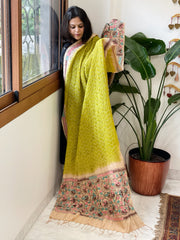 Parrot Green Rai Bandhej Dupatta with Kantha Handwork in Pure Munga Tussar Silk