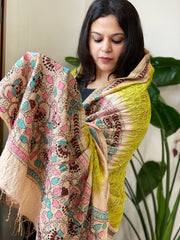 Parrot Green Rai Bandhej Dupatta with Kantha Handwork in Pure Munga Tussar Silk