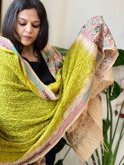 Parrot Green Rai Bandhej Dupatta with Kantha Handwork in Pure Munga Tussar Silk