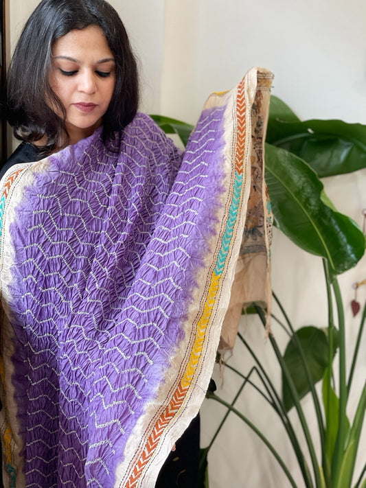 Lavender Rai Bandhej Dupatta with Kantha Handwork in Pure Munga Tussar Silk