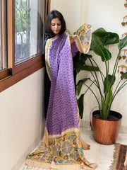 Lavender Rai Bandhej Dupatta with Kantha Handwork in Pure Munga Tussar Silk