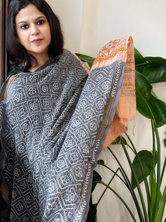 Grey Rai Bandhej Dupatta with Kantha Handwork in Pure Munga Tussar Silk