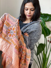 Grey Rai Bandhej Dupatta with Kantha Handwork in Pure Munga Tussar Silk
