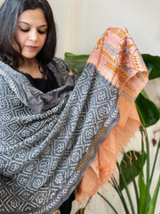 Grey Rai Bandhej Dupatta with Kantha Handwork in Pure Munga Tussar Silk
