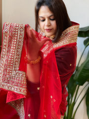Red Net Dupatta with Sequin Butas and Heavy Embroidered Border