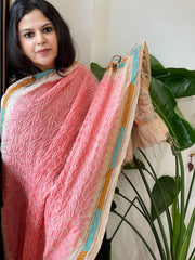 Peachish Pink Rai Bandhej Dupatta with Kantha Handwork in Pure Munga Tussar Silk