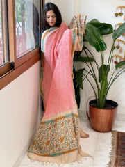 Peachish Pink Rai Bandhej Dupatta with Kantha Handwork in Pure Munga Tussar Silk