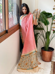 Peachish Pink Rai Bandhej Dupatta with Kantha Handwork in Pure Munga Tussar Silk