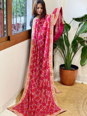 Red, Pink Chinon Printed Bandhej Dupatta with Thread, Sequin & Pearl Embroidery