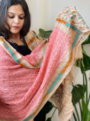 Peachish Pink Rai Bandhej Dupatta with Kantha Handwork in Pure Munga Tussar Silk