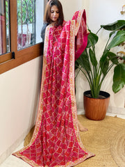 Red, Pink Chinon Printed Bandhej Dupatta with Thread, Sequin & Pearl Embroidery
