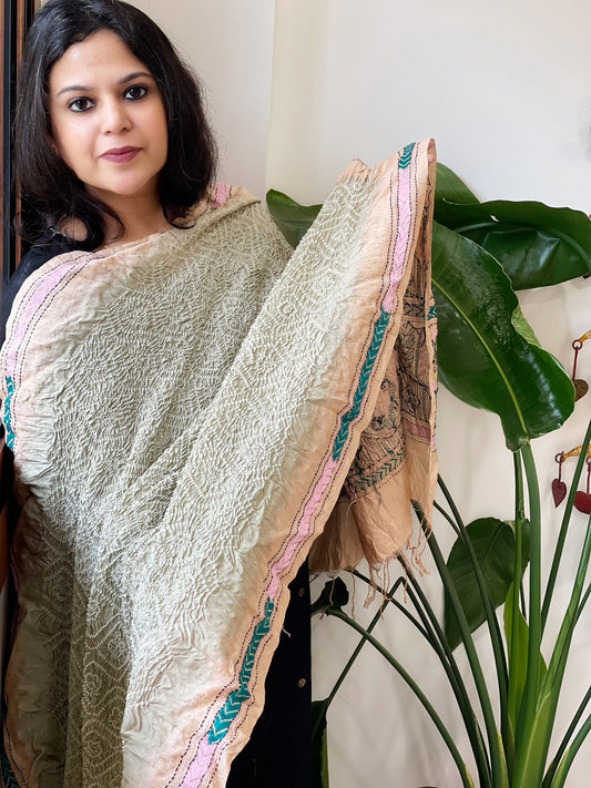 Dusty Green Rai Bandhej Dupatta with Kantha Handwork in Pure Munga Tussar Silk
