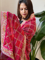 Red, Pink Chinon Printed Bandhej Dupatta with Thread, Sequin & Pearl Embroidery