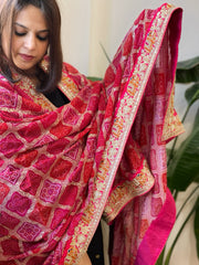 Red, Pink Chinon Printed Bandhej Dupatta with Thread, Sequin & Pearl Embroidery