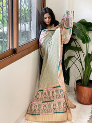 Dusty Green Rai Bandhej Dupatta with Kantha Handwork in Pure Munga Tussar Silk
