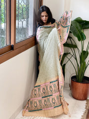 Dusty Green Rai Bandhej Dupatta with Kantha Handwork in Pure Munga Tussar Silk