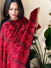Red Handmade Jaal Phulkari Dupatta in Pure Chinon