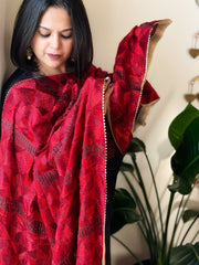 Red Handmade Jaal Phulkari Dupatta in Pure Chinon