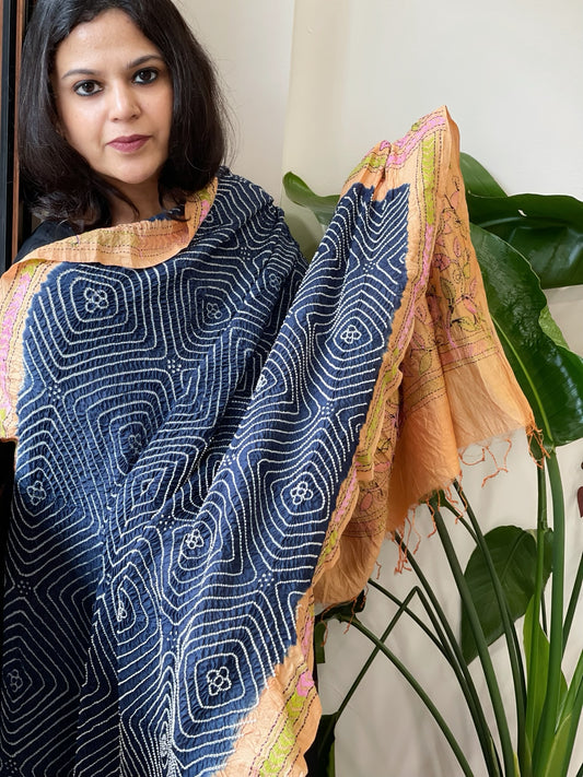 Blue Rai Bandhej Dupatta with Kantha Handwork in Pure Munga Tussar Silk