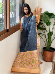 Blue Rai Bandhej Dupatta with Kantha Handwork in Pure Munga Tussar Silk