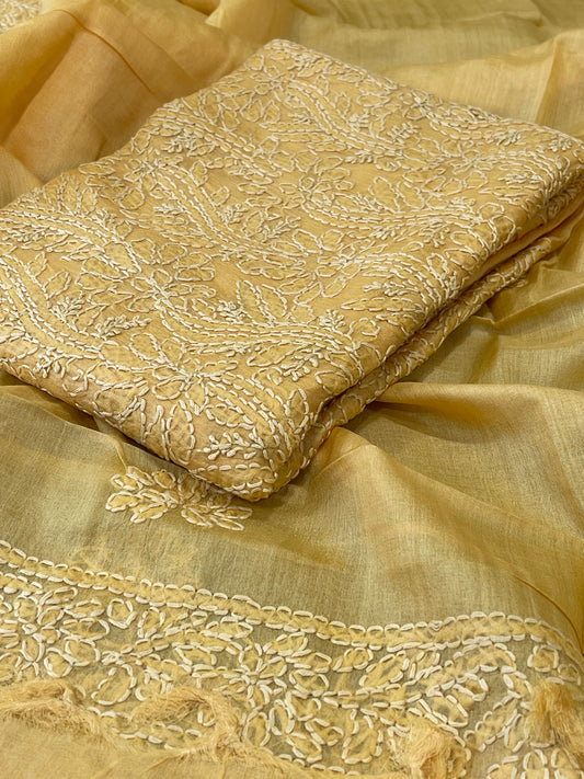 Yellow Suit Set with Lucknowi Handwork in Pure Tussar Silk