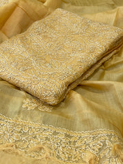 Yellow Suit Set with Lucknowi Handwork in Pure Tussar Silk