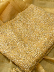 Yellow Suit Set with Lucknowi Handwork in Pure Tussar Silk
