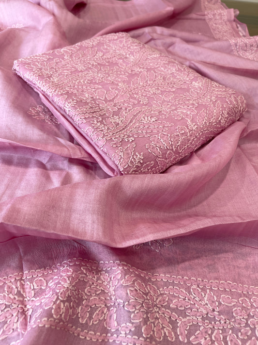 Pink Suit Set with Lucknowi Handwork in Pure Tussar Silk