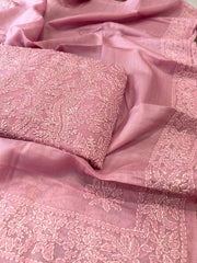 Pink Suit Set with Lucknowi Handwork in Pure Tussar Silk
