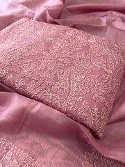 Pink Suit Set with Lucknowi Handwork in Pure Tussar Silk