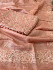 Peach Suit Set with Lucknowi Handwork in Pure Tussar Silk