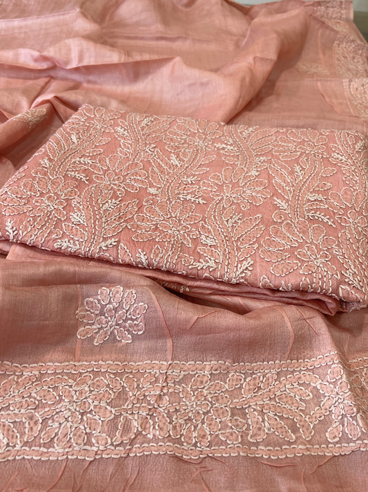 Peach Suit Set with Lucknowi Handwork in Pure Tussar Silk