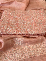 Peach Suit Set with Lucknowi Handwork in Pure Tussar Silk